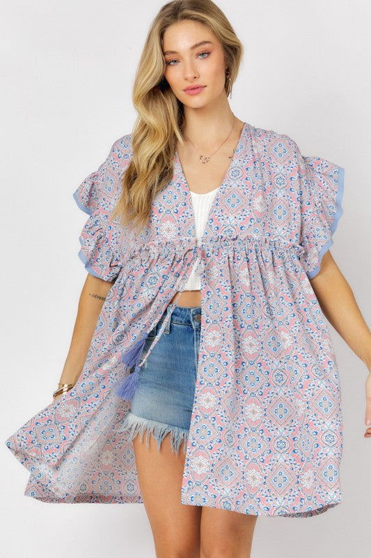 Printed Short Sleeve Ruffle Kimono - Hassle Free Cart