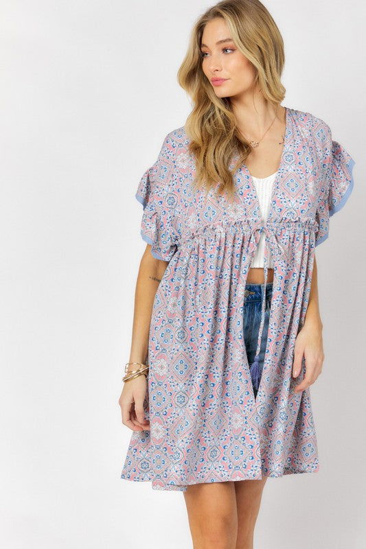 Printed Short Sleeve Ruffle Kimono - Hassle Free Cart