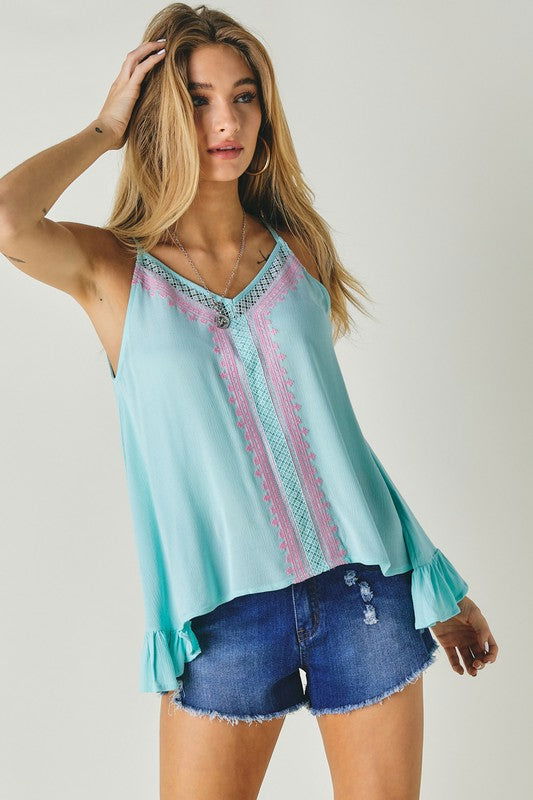 Printed Sleeveless Ruffle Tank Top - Hassle Free Cart