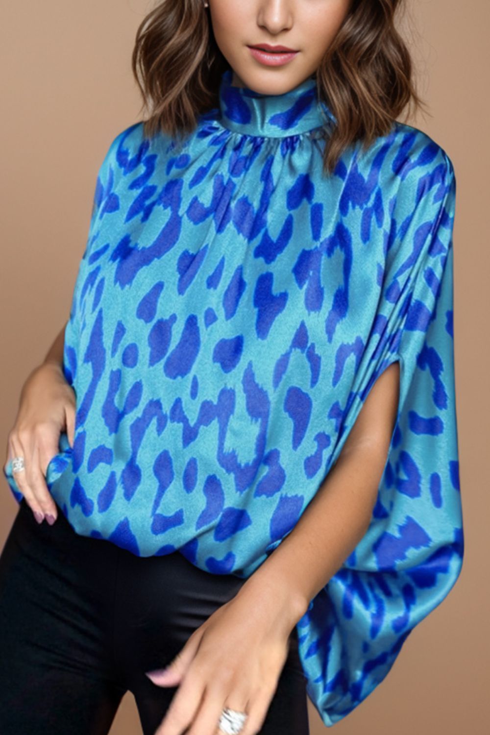 Printed Turtleneck Half Sleeve Blouse - Hassle Free Cart