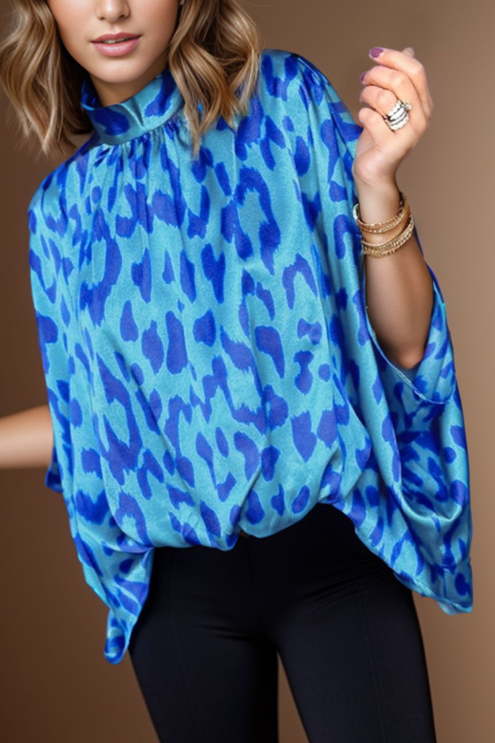 Printed Turtleneck Half Sleeve Blouse - Hassle Free Cart