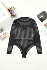 Rhinestone Round Neck Long Sleeve Bodysuit | Hassle Free Cart