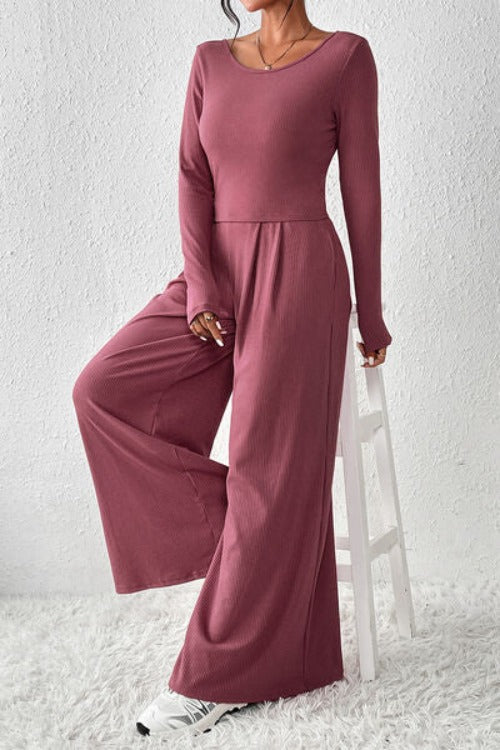 Ribbed Round Neck Top and Wide-Leg Pants Set | Hassle Free Cart