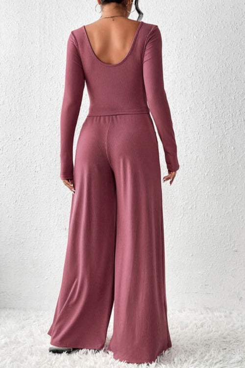 Ribbed Round Neck Top and Wide-Leg Pants Set | Hassle Free Cart