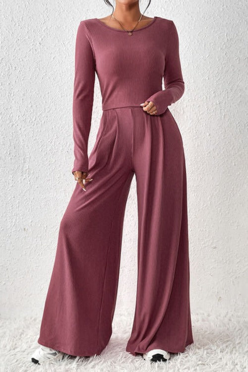 Ribbed Round Neck Top and Wide-Leg Pants Set | Hassle Free Cart