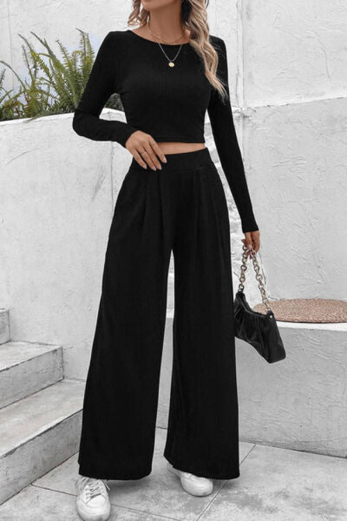 Ribbed Round Neck Top and Wide-Leg Pants Set | Hassle Free Cart