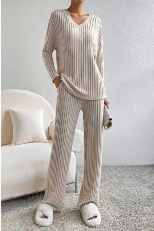 Ribbed V-Neck Long Sleeve Top and Pants Set | Hassle Free Cart