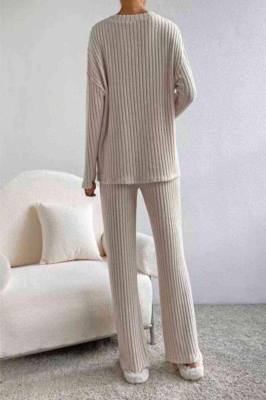 Ribbed V-Neck Long Sleeve Top and Pants Set | Hassle Free Cart