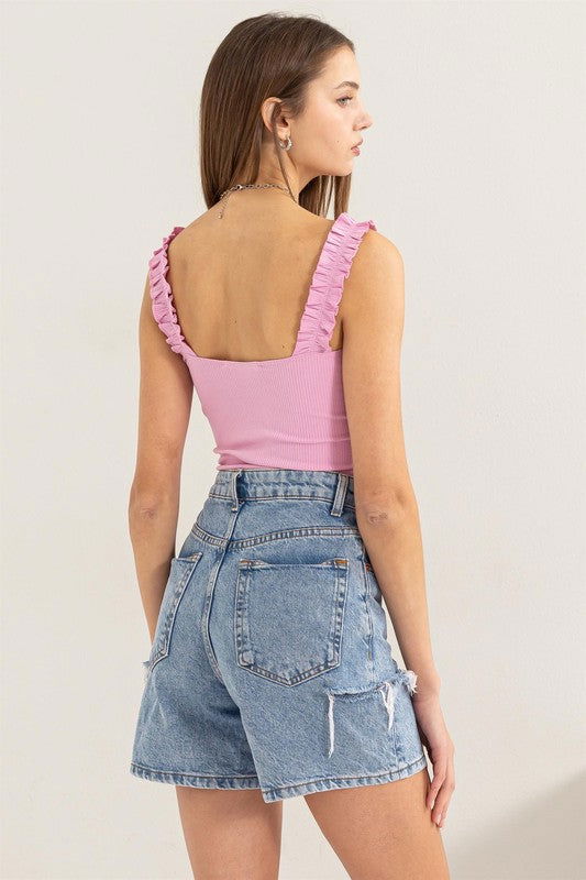 Ribbed Ruffle Strap Bodysuit - Hassle Free Cart