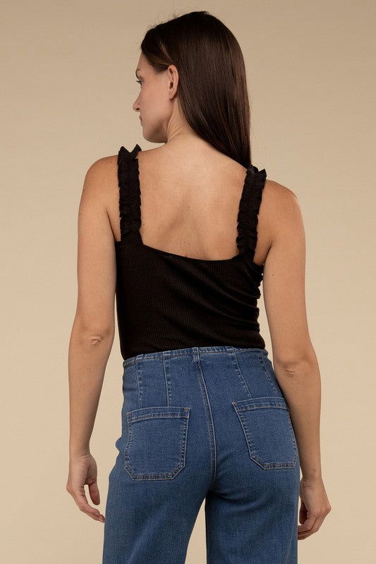 Ribbed Ruffle Strap Bodysuit - Hassle Free Cart