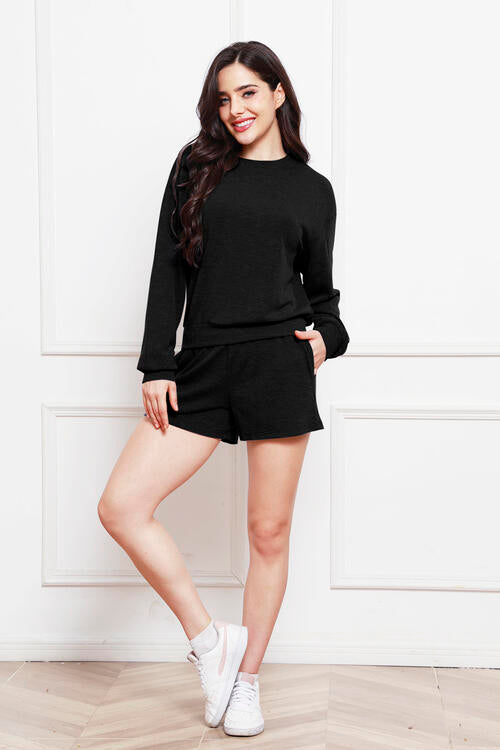 Round Neck Long Sleeve Top and Shorts Set | Hassle Free Cart