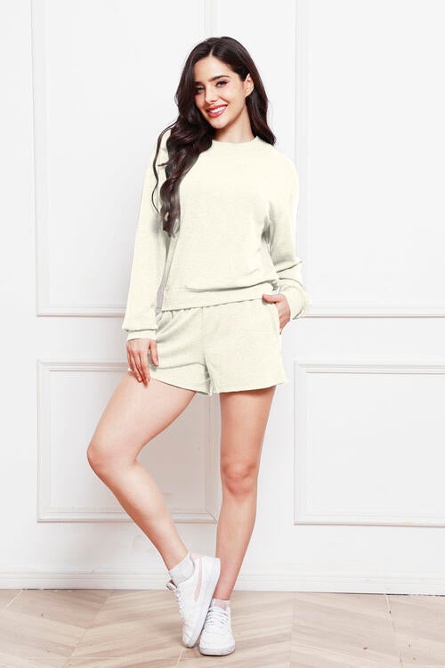 Round Neck Long Sleeve Top and Shorts Set | Hassle Free Cart