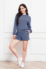 Round Neck Long Sleeve Top and Shorts Set | Hassle Free Cart