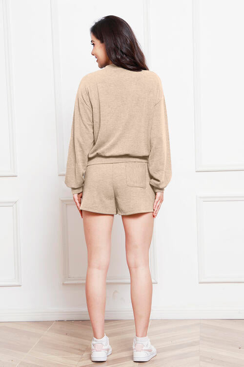 Round Neck Long Sleeve Top and Shorts Set | Hassle Free Cart