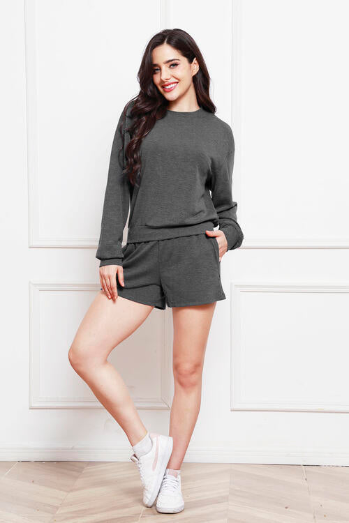 Round Neck Long Sleeve Top and Shorts Set | Hassle Free Cart