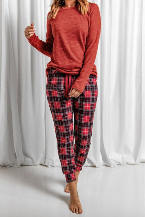 Round Neck Top and Drawstring Plaid Pants Lounge Set | Hassle Free Cart