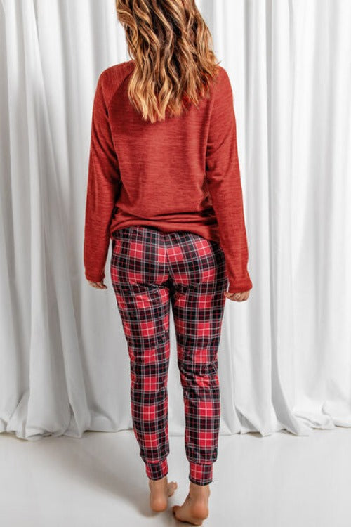 Round Neck Top and Drawstring Plaid Pants Lounge Set | Hassle Free Cart