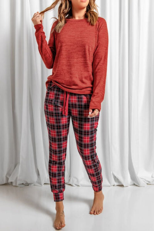 Round Neck Top and Drawstring Plaid Pants Lounge Set | Hassle Free Cart