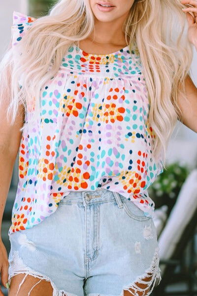 Ruffled Printed Round Neck Blouse - Hassle Free Cart