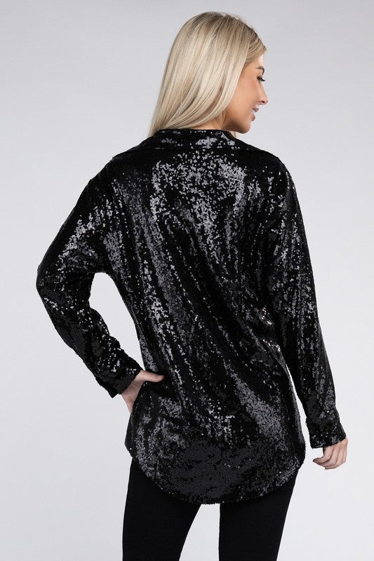 Sequin Collared Button Up Shirt - Hassle Free Cart