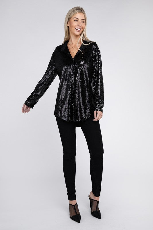 Sequin Collared Button Up Shirt - Hassle Free Cart