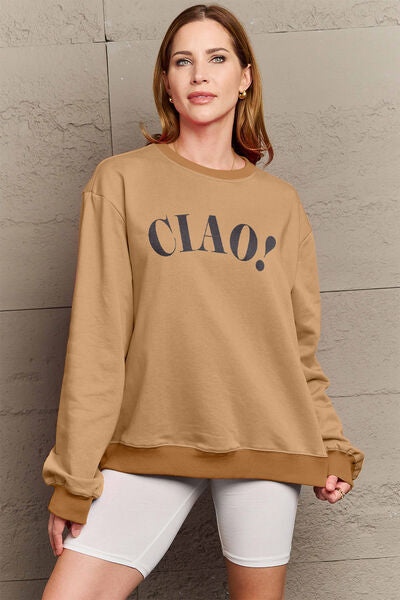 Simply Love Full Size CIAO！Round Neck Sweatshirt | Hassle Free Cart