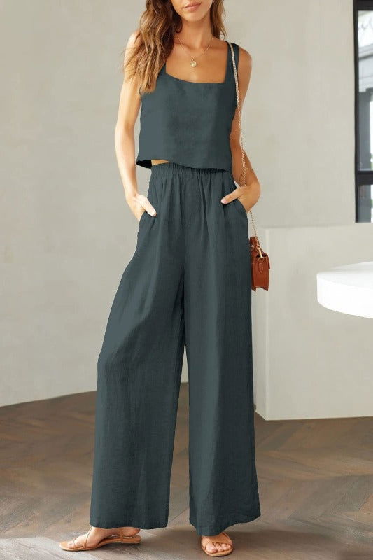 Square Neck Top and Wide Leg Pants Set - Hassle Free Cart