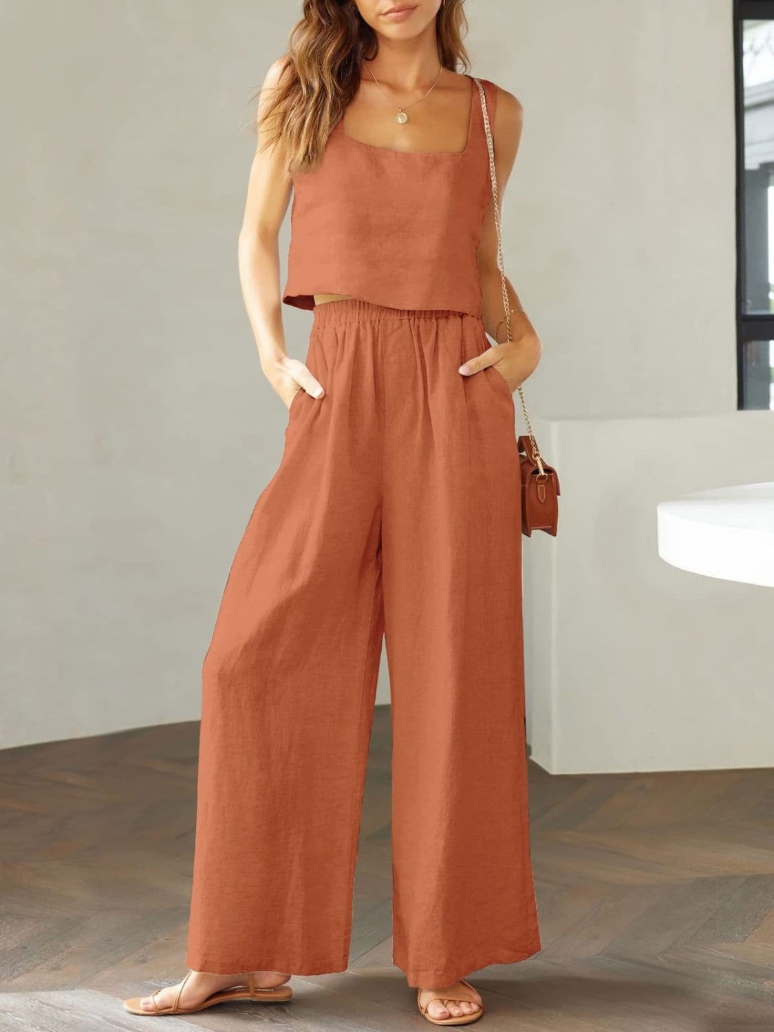 Square Neck Top and Wide Leg Pants Set - Hassle Free Cart