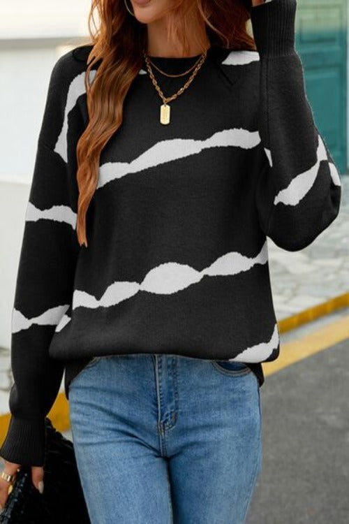 Striped Round Neck Dropped Shoulder Sweater | Hassle Free Cart