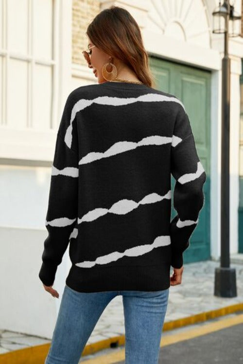 Striped Round Neck Dropped Shoulder Sweater | Hassle Free Cart