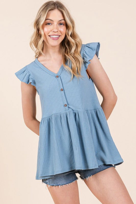 Textured Button Detailed Peplum Top - Hassle Free Cart