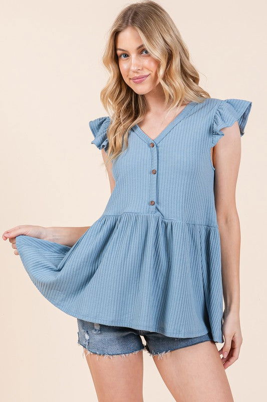 Textured Button Detailed Peplum Top - Hassle Free Cart