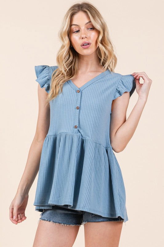 Textured Button Detailed Peplum Top - Hassle Free Cart