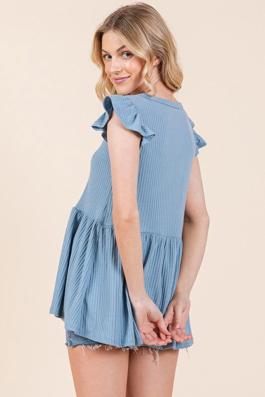 Textured Button Detailed Peplum Top - Hassle Free Cart