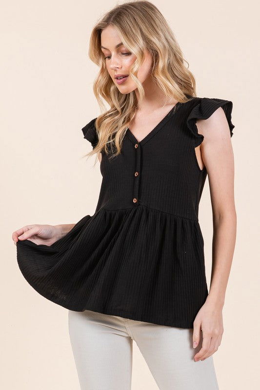 Textured Button Detailed Peplum Top - Hassle Free Cart