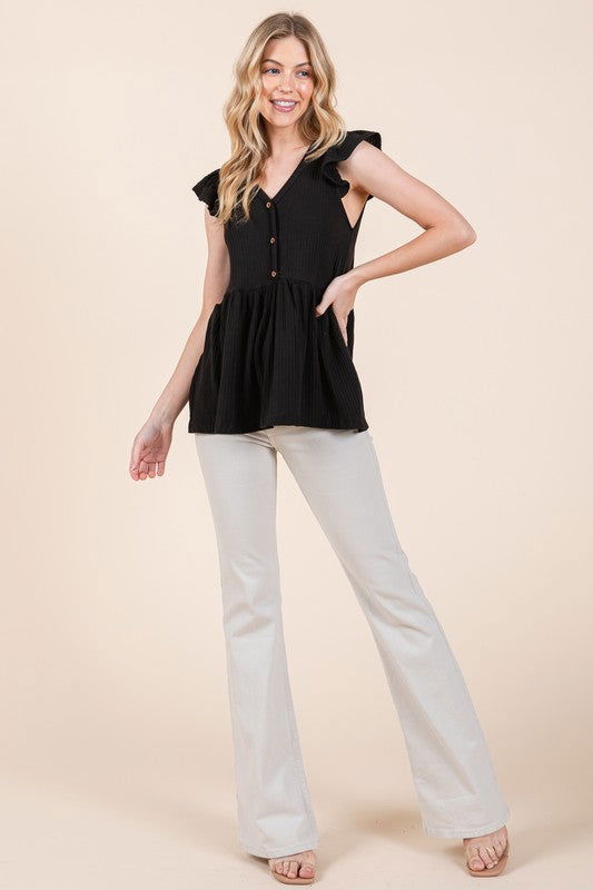 Textured Button Detailed Peplum Top - Hassle Free Cart