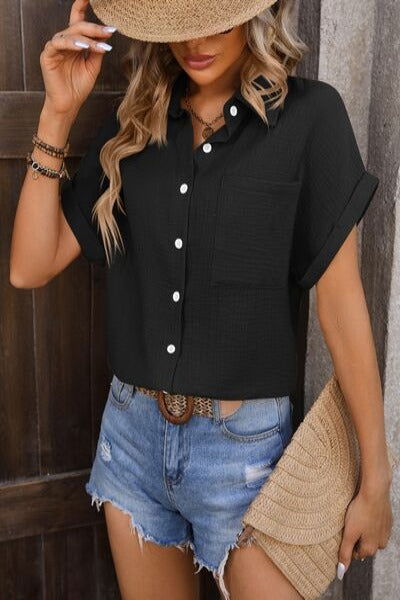 Textured Pocketed Button Up Shirt - Hassle Free Cart