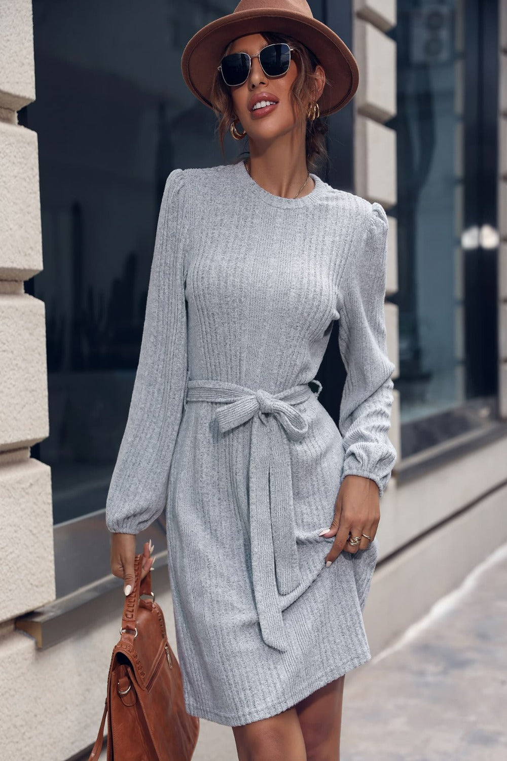 Tie Waist Puff Sleeve Round Neck Mini Dress | Hassle Free Cart