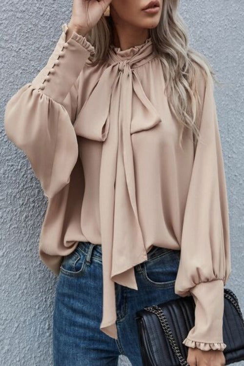 Tie Neck Lantern Sleeve Blouse - Hassle Free Cart