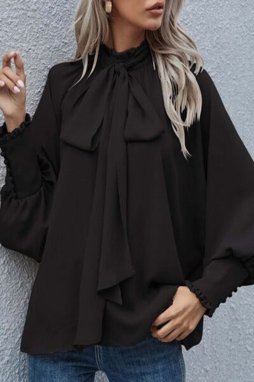 Tie Neck Lantern Sleeve Blouse - Hassle Free Cart