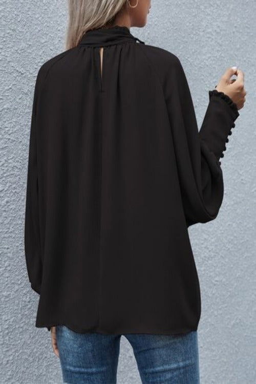 Tie Neck Lantern Sleeve Blouse - Hassle Free Cart