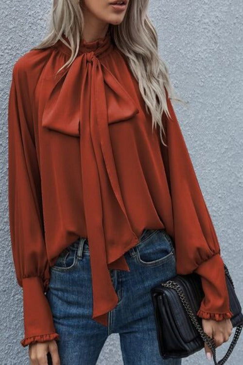 Tie Neck Lantern Sleeve Blouse - Hassle Free Cart