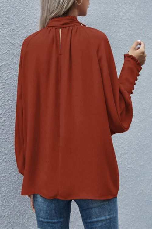 Tie Neck Lantern Sleeve Blouse - Hassle Free Cart