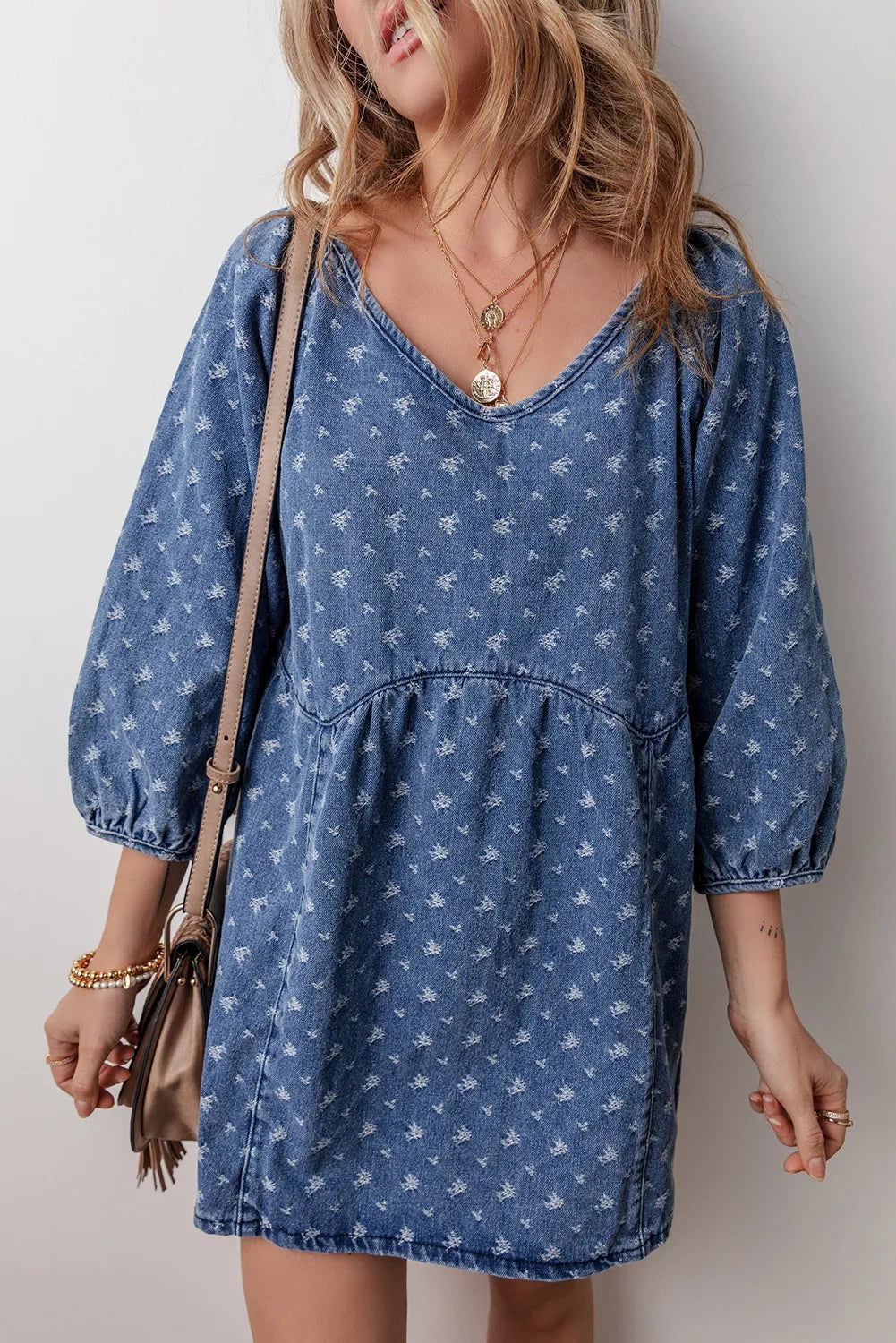 Tied V-Neck Mini Denim Dress - Hassle Free Cart