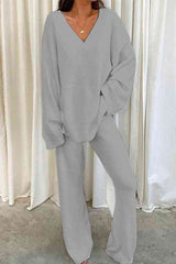 V-Neck Long Sleeve Top and Long Pants Set | Hassle Free Cart