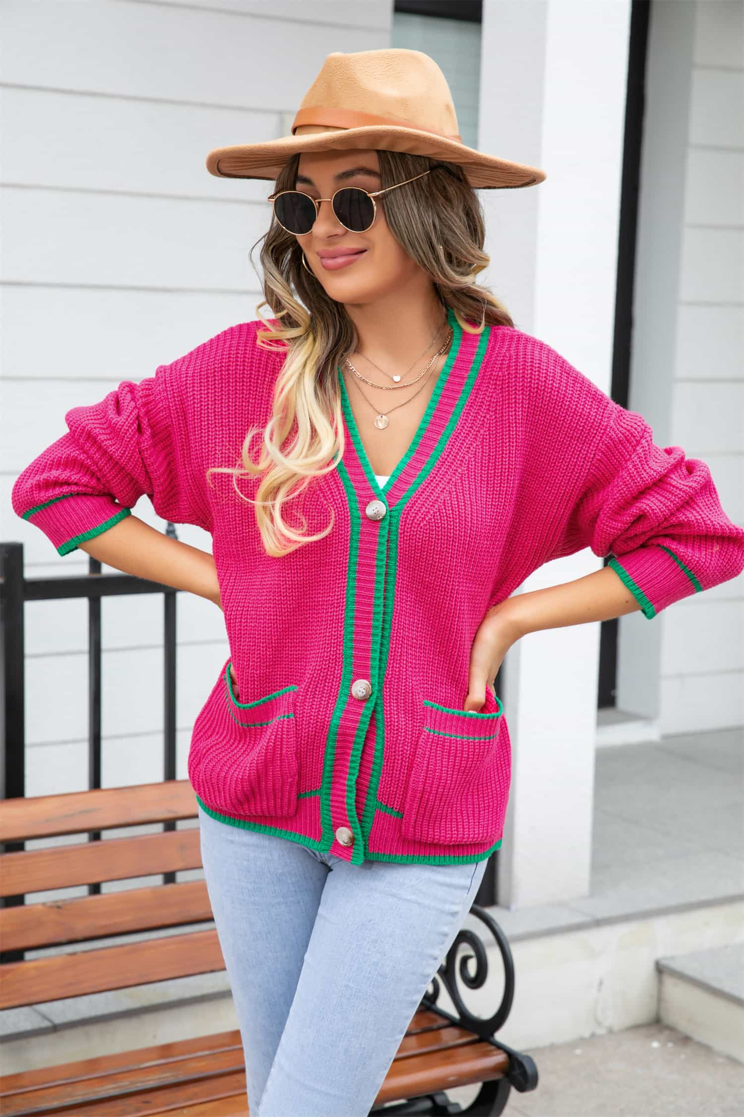 Waffle Knit V-Neck Cardigan with Pocket | Hassle Free Cart