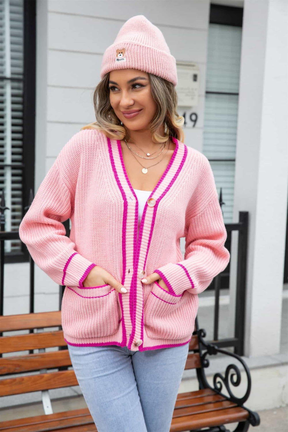 Waffle Knit V-Neck Cardigan with Pocket | Hassle Free Cart