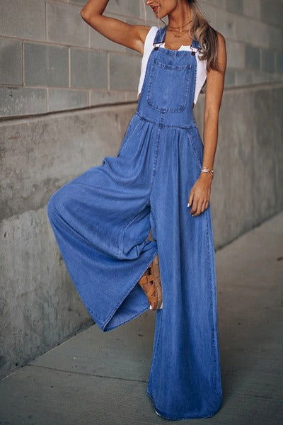 Wide Leg Denim Overalls Jumpsuit - Hassle Free Cart