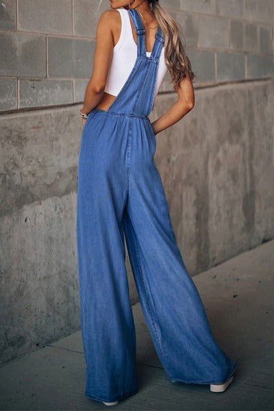 Wide Leg Denim Overalls Jumpsuit - Hassle Free Cart