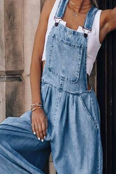 Wide Leg Denim Overalls Jumpsuit - Hassle Free Cart